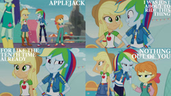 Size: 1280x720 | Tagged: safe, derpibooru import, edit, edited screencap, editor:quoterific, screencap, applejack, megan williams, rainbow dash, human, better together, equestria girls, rollercoaster of friendship, applejack's hat, bow, clothes, cowboy hat, duo, duo female, female, geode of super speed, geode of super strength, hair bow, hat, magical geodes, open mouth, tallulah, teeth, trio, trio female