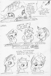 Size: 1671x2482 | Tagged: safe, artist:dilarus, ponerpics import, applejack, rainbow dash, twilight sparkle, twilight sparkle (alicorn), alicorn, earth pony, pegasus, pony, ..., agricola, board game, comic, deleted from derpibooru, dialogue, dork, hat, heart, monochrome, rainbow dash is best facemaker, simple background, slice of life, traditional art, white background