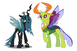 Size: 1720x1150 | Tagged: safe, artist:anime-equestria, artist:lightningbolt, derpibooru exclusive, derpibooru import, queen chrysalis, thorax, changedling, changeling, changeling queen, absurd resolution, crown, curved horn, eyeshadow, female, grin, happy, horn, horns, insect wings, jewelry, king thorax, looking at you, makeup, male, raised hoof, raised leg, regalia, simple background, smiling, spread wings, standing, transparent background, vector, wings