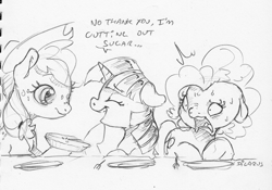 Size: 1667x1167 | Tagged: safe, artist:dilarus, ponerpics import, applejack, pinkie pie, twilight sparkle, alicorn, earth pony, pony, ..., apple, apple pie, cowboy hat, deleted from derpibooru, dialogue, faic, female, food, freckles, grayscale, hat, horrified, mare, monochrome, open mouth, pencil drawing, pie, shocked, simple background, sweat, traditional art, white background