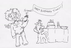 Size: 2791x1909 | Tagged: safe, artist:dilarus, ponerpics import, twilight sparkle, earth pony, human, pony, comic:the many faces of twilight sparkle, banner, birthday, birthday cake, birthday party, cake, deleted from derpibooru, dialogue, facial hair, food, horn, humanized, monochrome, moustache, not salmon, party, science, simple background, sock puppet, traditional art, wat, white background, wings