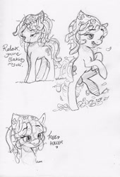 Size: 2281x3347 | Tagged: safe, artist:dilarus, ponerpics import, tree hugger, earth pony, pony, bandana, deleted from derpibooru, dialogue, dreadlocks, female, huggerbetes, mare, monochrome, open mouth, simple background, singing, traditional art, white background