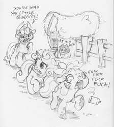 Size: 1648x1843 | Tagged: safe, artist:dilarus, ponerpics import, apple bloom, applejack, sweetie belle, earth pony, pony, unicorn, deleted from derpibooru, dialogue, dukes of hazzard, female, graffiti, mare, monochrome, open mouth, queer, running, simple background, slur, spray paint, traditional art, vulgar, white background