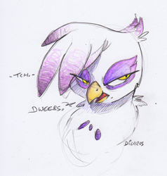 Size: 1292x1356 | Tagged: safe, artist:dilarus, ponerpics import, gilda, griffon, colored pencil drawing, deleted from derpibooru, dialogue, disembodied head, dweeb, female, head, onomatopoeia, simple background, solo, traditional art, white background