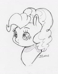 Size: 1096x1403 | Tagged: safe, artist:dilarus, ponerpics import, pinkie pie, earth pony, pony, bust, deleted from derpibooru, female, mare, monochrome, simple background, traditional art, white background