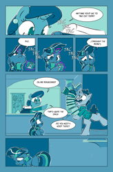 Size: 6000x9142 | Tagged: safe, artist:dilarus, ponerpics import, twilight sparkle, pony, unicorn, comic:doesn't matter, absurd resolution, book, clothes, comic, deleted from derpibooru, dialogue, female, filly, filly twilight sparkle, hanging banner, librarian, male, mare, purse, sad, scarf, speech bubble, stallion, typewriter, younger