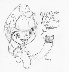 Size: 1258x1311 | Tagged: safe, artist:dilarus, ponerpics import, applejack, earth pony, pony, apple, cowboy hat, deleted from derpibooru, dialogue, female, food, freckles, hat, heresy, hoof hold, mare, monochrome, open mouth, silly, silly pony, simple background, that pony sure does love apples, traditional art, white background, who's a silly pony
