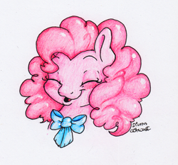 Size: 1405x1307 | Tagged: safe, artist:dilarus, artist:jessi_lionheart, ponerpics import, pinkie pie, earth pony, pony, collaboration, bow, bust, deleted from derpibooru, eyes closed, female, mare, open mouth, ribbon, simple background, traditional art, white background