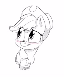 Size: 2128x2560 | Tagged: safe, artist:dilarus, ponerpics import, applejack, earth pony, pony, blushing, bust, cute, deleted from derpibooru, eye clipping through hair, female, hat, jackabetes, mare, portrait, simple background, solo, traditional art, white background