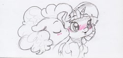 Size: 1602x756 | Tagged: safe, artist:dilarus, ponerpics import, pinkie pie, twilight sparkle, twilight sparkle (alicorn), alicorn, earth pony, pony, blushing, cute, deleted from derpibooru, ears, exclamation point, eyes closed, female, floppy ears, kissing, lesbian, open mouth, shipping, simple background, smiling, traditional art, twiabetes, twinkie, white background