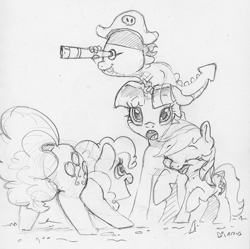 Size: 1654x1647 | Tagged: safe, artist:dilarus, ponerpics import, pinkie pie, rainbow dash, spike, twilight sparkle, alicorn, dragon, earth pony, pegasus, pony, deleted from derpibooru, eyes closed, female, hat, laughing, male, mare, monochrome, simple background, smoldash, spyglass, traditional art, white background