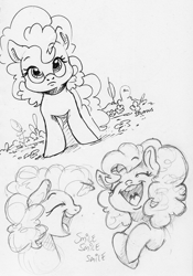 Size: 1642x2340 | Tagged: safe, artist:dilarus, ponerpics import, pinkie pie, earth pony, pony, deleted from derpibooru, eyes closed, female, laughing, mare, monochrome, open mouth, simple background, smile smile smile, traditional art, white background
