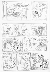 Size: 1650x2389 | Tagged: safe, artist:dilarus, ponerpics import, princess celestia, princess luna, twilight sparkle, twilight sparkle (alicorn), alicorn, pony, comic:luna is bad at pranking, ..., comic, deleted from derpibooru, dialogue, female, mare, monochrome, prank, simple background, traditional art, white background