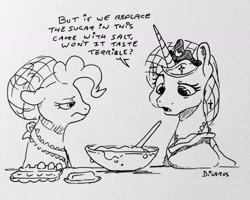 Size: 2448x1962 | Tagged: safe, artist:dilarus, ponerpics import, pinkie pie, princess luna, alicorn, earth pony, pony, comic:luna is bad at pranking, apron, batter, cake batter, clothes, cooking, crown, deleted from derpibooru, dialogue, egg, egg (food), female, food, jewelry, mare, monochrome, pinkie pie is not amused, prank, regalia, simple background, traditional art, unamused, white background