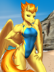 Size: 4500x6000 | Tagged: safe, artist:mykegreywolf, derpibooru import, spitfire, anthro, pegasus, beach, clothes, female, fitfire, hand on hip, high-cut clothing, looking at you, mare, muscles, one-piece swimsuit, outdoors, sexy, solo, stupid sexy spitfire, swimsuit, wing fluff