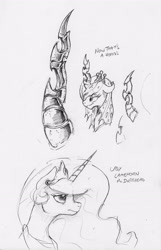 Size: 2199x3411 | Tagged: safe, artist:dilarus, ponerpics import, princess celestia, queen chrysalis, alicorn, changeling, changeling queen, pony, deleted from derpibooru, female, horn, jewelry, mare, monochrome, regalia, simple background, traditional art, white background