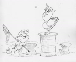 Size: 2406x1959 | Tagged: safe, artist:dilarus, ponerpics import, sweetie belle, twilight sparkle, twilight sparkle (alicorn), alicorn, pony, unicorn, comic:sweetie belle—master of twilights, comic:the many faces of twilight sparkle, deleted from derpibooru, flies, monochrome, net, not salmon, simple background, species swap, traditional art, wat, white background