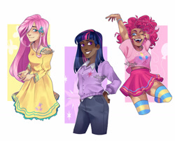 Size: 1280x1030 | Tagged: safe, artist:marshiroart, derpibooru import, fluttershy, pinkie pie, twilight sparkle, human, blackwashing, clothes, dark skin, deviantart watermark, dress, humanized, skirt, socks, striped socks, thigh highs