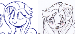 Size: 449x207 | Tagged: safe, artist:dilarus, ponerpics import, fluttershy, pegasus, pony, art evolution, blushing, comparison, deleted from derpibooru, ears, female, floppy ears, mare, monochrome, simple background, tallershy, then and now, traditional art, white background