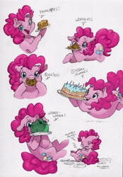 Size: 2383x3423 | Tagged: safe, artist:dilarus, artist:jessi_lionheart, ponerpics import, pinkie pie, earth pony, pony, collaboration, cake, candle, cookie, deleted from derpibooru, dialogue, female, food, jello, jelly, mare, pancakes, ponk, simple background, stomach ache, this ended in pain, traditional art, tummy ache, waffle, white background