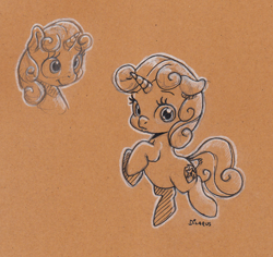 Size: 1658x1564 | Tagged: safe, artist:dilarus, ponerpics import, sweetie belle, pony, unicorn, deleted from derpibooru, female, filly, monochrome, toned paper, traditional art
