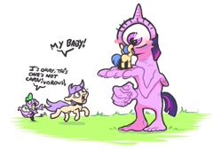 Size: 1194x808 | Tagged: safe, artist:dilarus, artist:sourspot, ponerpics import, spike, twilight sparkle, oc, anthro, cyclops, collaboration, comic:the many faces of twilight sparkle, blushing, deleted from derpibooru, dialogue, female, foal, male, mare, not salmon, simple background, species swap, traditional art, wat, white background