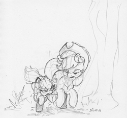 Size: 1614x1493 | Tagged: safe, artist:dilarus, ponerpics import, applejack, rainbow dash, earth pony, pegasus, pony, deleted from derpibooru, female, freckles, hat, mare, monochrome, simple background, size difference, smoldash, traditional art, white background