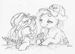 Size: 1546x1106 | Tagged: safe, artist:dilarus, ponerpics import, fluttershy, tree hugger, earth pony, pegasus, pony, beanbrows, deleted from derpibooru, drinking, drinking straw, eyebrows, female, hat, laughing, mare, monochrome, simple background, size difference, snacks, straw in mouth, tallershy, traditional art, white background