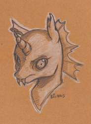 Size: 971x1322 | Tagged: safe, artist:dilarus, ponerpics import, changeling, bust, deleted from derpibooru, fangs, female, pencil drawing, toned paper, traditional art