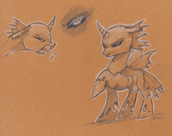 Size: 2087x1655 | Tagged: safe, artist:dilarus, ponerpics import, changeling, deleted from derpibooru, female, hissing, pencil drawing, toned paper, traditional art