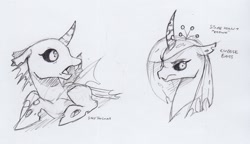 Size: 2164x1248 | Tagged: safe, artist:dilarus, ponerpics import, queen chrysalis, changeling, changeling queen, crown, deleted from derpibooru, fangs, female, jewelry, monochrome, open mouth, regalia, simple background, traditional art, white background