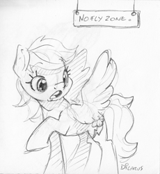 Size: 1137x1236 | Tagged: safe, artist:dilarus, ponerpics import, rainbow dash, pegasus, pony, deleted from derpibooru, female, looking back, mare, monochrome, open mouth, sign, simple background, solo, traditional art, white background