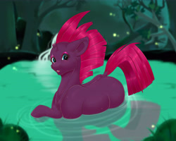 Size: 6890x5512 | Tagged: safe, artist:creed larsen, derpibooru import, tempest shadow, firefly (insect), insect, pony, unicorn, bathing, female, forest background, lake, looking at you, mare, night, open mouth, smiling