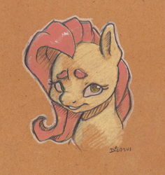 Size: 1022x1084 | Tagged: safe, artist:dilarus, ponerpics import, fluttershy, pegasus, pony, beanbrows, bust, deleted from derpibooru, eyebrows, female, mare, pastel pencils, pencil drawing, simple background, smiling, solo, toned paper, traditional art