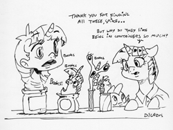 Size: 1653x1241 | Tagged: safe, artist:dilarus, ponerpics import, spike, twilight sparkle, twilight sparkle (alicorn), alicorn, anthro, dragon, pony, comic:the many faces of twilight sparkle, ..., bookhorse, deleted from derpibooru, dialogue, female, horn, male, mare, monochrome, not salmon, simple background, species swap, traditional art, wat, white background