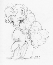 Size: 1404x1728 | Tagged: safe, artist:dilarus, ponerpics import, pinkie pie, earth pony, pony, deleted from derpibooru, female, mare, monochrome, raised hoof, raised leg, simple background, smiling, traditional art, white background