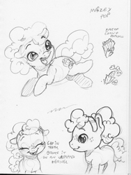 Size: 1708x2269 | Tagged: safe, artist:dilarus, ponerpics import, oc, oc only, oc:maizey pop, earth pony, pony, cutie mark, deleted from derpibooru, female, filly, foal, freckles, monochrome, offspring, parent:oc:candy apple pop, parent:oc:salty pop, parents:oc x oc, simple background, solo, traditional art, white background