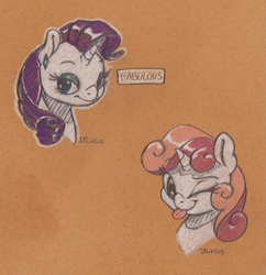 Size: 1761x1820 | Tagged: safe, artist:dilarus, ponerpics import, rarity, sweetie belle, pony, unicorn, bust, deleted from derpibooru, duo, female, filly, foal, mare, one eye closed, pencil drawing, toned paper, tongue, tongue out, traditional art, wink