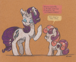 Size: 1945x1593 | Tagged: safe, artist:dilarus, ponerpics import, rarity, sweetie belle, pony, unicorn, deleted from derpibooru, dialogue, duo, eyes closed, female, filly, foal, mare, pencil drawing, toned paper, traditional art, vulgar