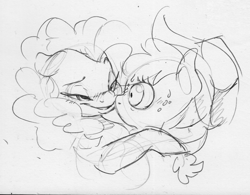 Size: 1409x1099 | Tagged: safe, artist:dilarus, ponerpics import, applejack, pinkie pie, earth pony, pony, applepie, blushing, deleted from derpibooru, female, hat, lesbian, mare, monochrome, possible incest, pumpkin, shipping, simple background, story included, traditional art, white background