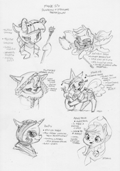 Size: 2336x3343 | Tagged: safe, artist:dilarus, ponerpics import, applejack, fluttershy, pinkie pie, rainbow dash, rarity, twilight sparkle, dwarf, earth pony, elf, gnome, hybrid, pegasus, pony, unicorn, axe, barbarian, bard, battle axe, beard, clothes, deleted from derpibooru, druid, dungeons and dragons, ears, eyebrows, facial hair, fantasy class, female, fighter, firbolg, floppy ears, freckles, hat, high elf, horns, lute, mare, monochrome, music notes, musical instrument, pen and paper rpg, rpg, simple background, size difference, smoldash, sorcerer, staff, tallershy, tiefling, traditional art, weapon, white background
