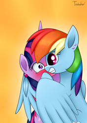 Size: 2480x3507 | Tagged: safe, artist:twidasher, derpibooru import, rainbow dash, twilight sparkle, pegasus, pony, blushing, duo, ear piercing, feather, female, hug, lesbian, orange background, piercing, shipping, signature, simple background, twidash, winghug, wings