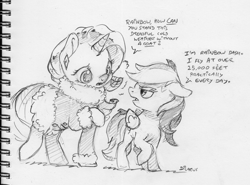 Size: 2150x1593 | Tagged: safe, artist:dilarus, ponerpics import, rainbow dash, rarity, pegasus, pony, unicorn, clothes, coat, cold, deleted from derpibooru, dialogue, duo, female, mare, monochrome, simple background, size difference, smoldash, traditional art, white background