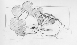 Size: 1783x1040 | Tagged: safe, artist:dilarus, ponerpics import, pinkie pie, twilight sparkle, twilight sparkle (alicorn), alicorn, earth pony, pony, blushing, deleted from derpibooru, duo, female, mare, monochrome, open mouth, simple background, sketch, smiling, traditional art, white background