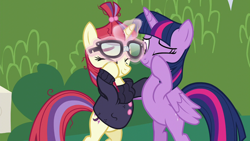 Size: 1280x720 | Tagged: safe, derpibooru import, screencap, moondancer, twilight sparkle, twilight sparkle (alicorn), alicorn, pony, unicorn, amending fences, bipedal, bush, clothes, crying, duo, duo female, eyebrows, eyes closed, female, glasses, glasses off, glowing horn, green, half-hug, happiness, happy, horn, hug, levitation, magic, magic aura, one eye closed, reconciliation, ruffled feathers, ruffled wing, single tear, sweater, tears of joy, telekinesis, wings, wiping eye, wiping tears