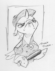 Size: 930x1204 | Tagged: safe, artist:dilarus, ponerpics import, oc, oc only, oc:goop jr., changeling, semi-anthro, :<, badge, deleted from derpibooru, frown, hat, male, monochrome, nightstick, onomatopoeia, security guard, simple background, solo, traditional art, truncheon, white background