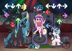 Size: 1323x935 | Tagged: safe, artist:calena, derpibooru import, dj pon-3, princess cadance, queen chrysalis, shining armor, vinyl scratch, alicorn, changeling, changeling queen, pony, unicorn, crossover, crowd, cute, female, friday night funkin', light show, lights, magic, microphone, party, singing