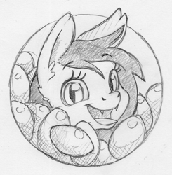 Size: 1051x1073 | Tagged: safe, artist:dilarus, ponerpics import, oc, oc only, oc:low ping, bat pony, pony, bat pony oc, deleted from derpibooru, fangs, female, food, heart, mango, mare, monochrome, profile picture, simple background, sketch, solo, traditional art, white background