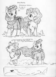 Size: 4601x6390 | Tagged: safe, artist:dilarus, ponerpics import, maud pie, pinkie pie, trixie, earth pony, pony, ..., clothes, comic, deleted from derpibooru, dialogue, female, implied trixie, lesbian, mare, mauxie, monochrome, shipping, simple background, traditional art, white background