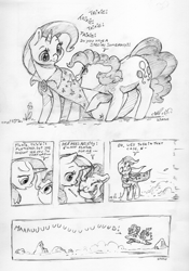 Size: 4594x6580 | Tagged: safe, artist:dilarus, ponerpics import, maud pie, pinkie pie, trixie, earth pony, pony, unicorn, ..., cape, clothes, comic, deleted from derpibooru, dialogue, exclamation point, female, implied maud pie, interrobang, lesbian, mare, mauxie, monochrome, question mark, shipping, simple background, traditional art, trixie's cape, white background